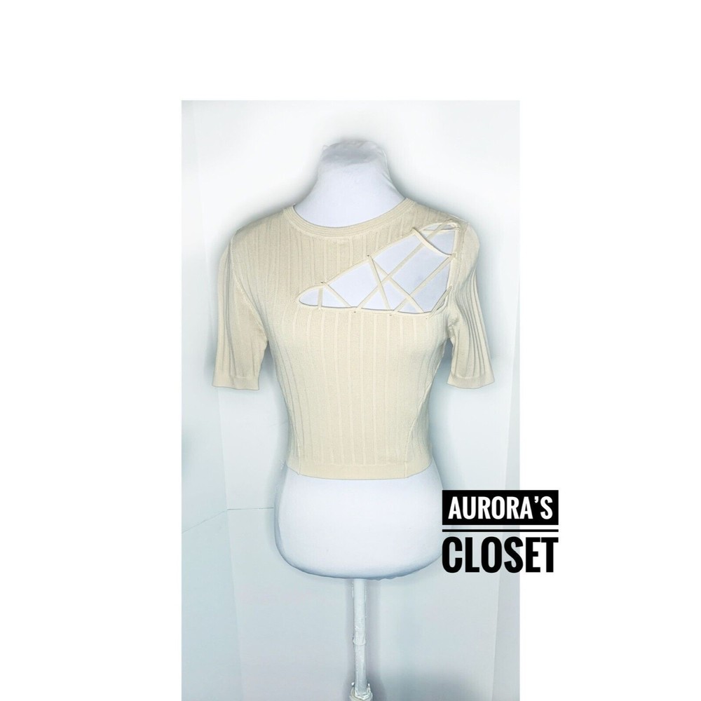 Maniere De Voir M Beige Sweater Cropped Cut Out Lace Up Short Sleeve